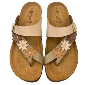 Bio-Gold Women Leather Sandals Size 8 Floral Boho Y2K Festival Cottagecore Retro